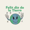 Feliz día de la Tierra, ilustración de una caricatura del planeta Tierra haciendo el signo de La Paz con las manos.